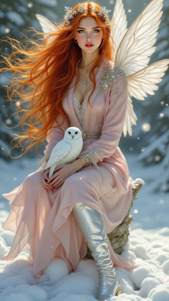 Pre-Raphaelite Winter Fairy with Snow Owl Companion