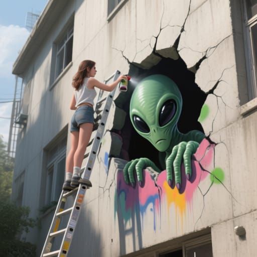 Surreal Alien Graffiti Art on Building, Detailed Matte Paint...