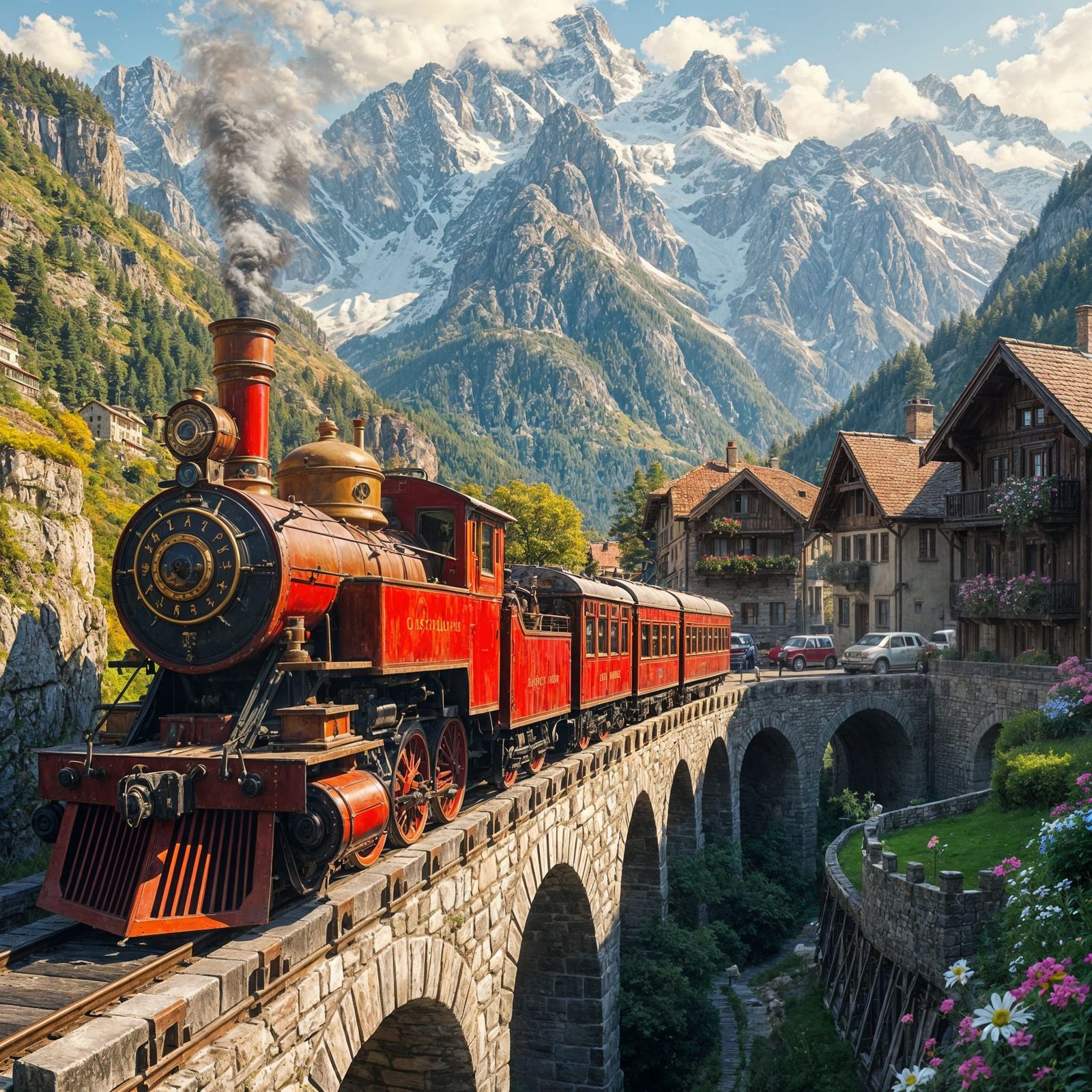 Vintage Steam Train Chugs Along Swiss Village Aqueduct