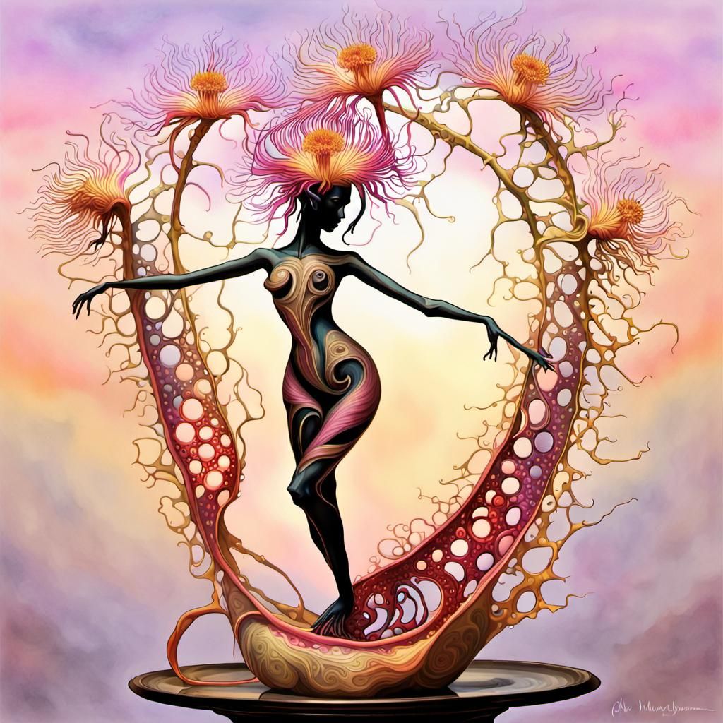 Intricate Ikebana Statue in Impressionist Gouache Style