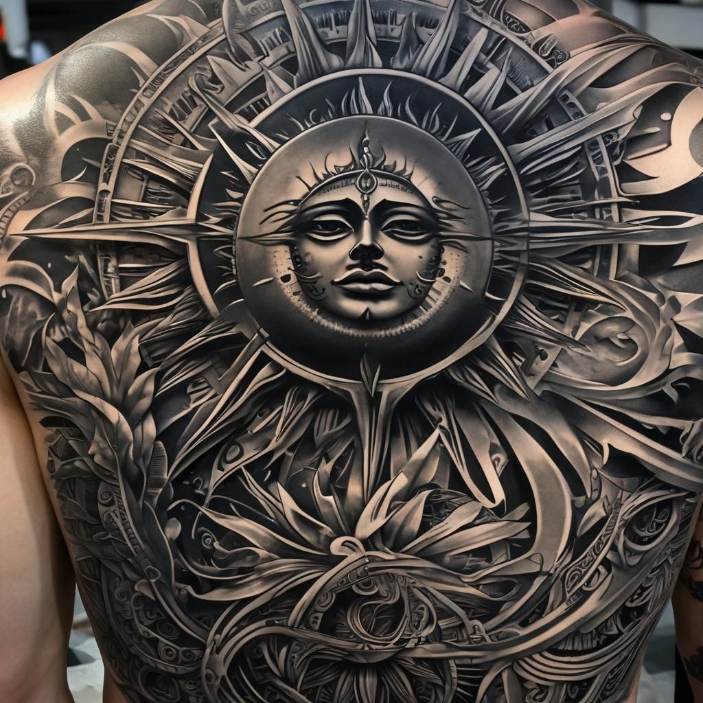 Sun and Letter D Tattoo in Black and Gray