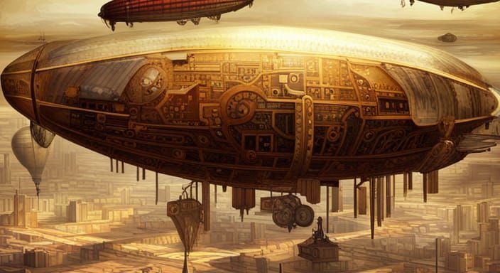 Steampunk Dirigible Over City in Retrofuturist Poster Art