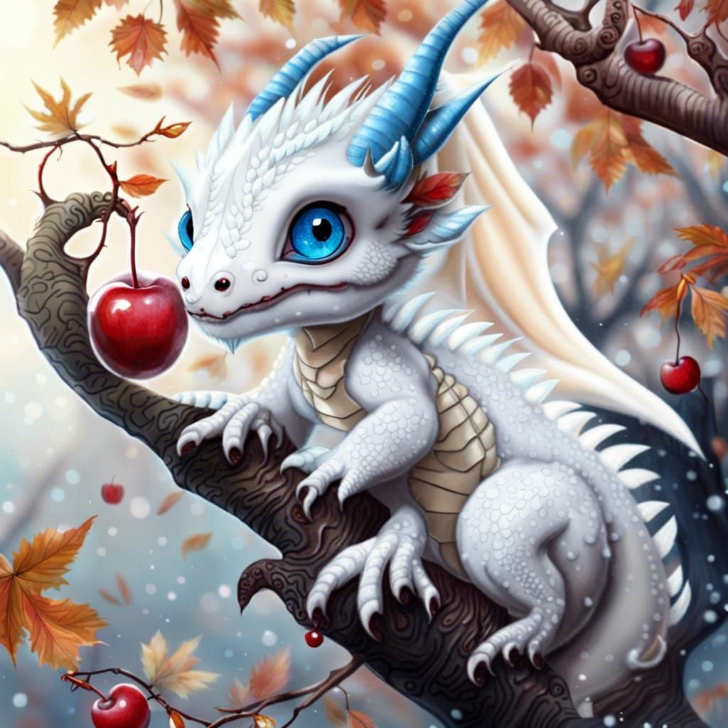 Baby Dragon Eating Cherry in Autumn Snow
