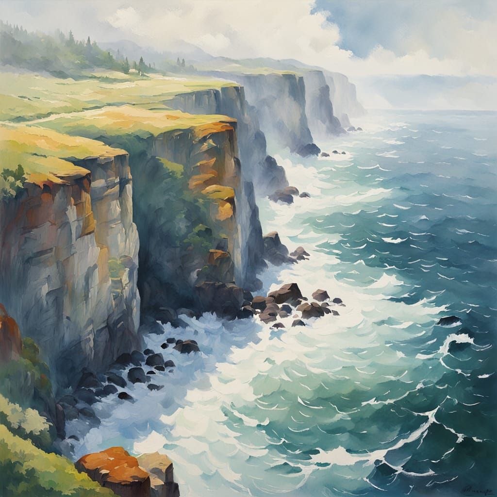 Impressionist Gouache Landscape with Sea Mist