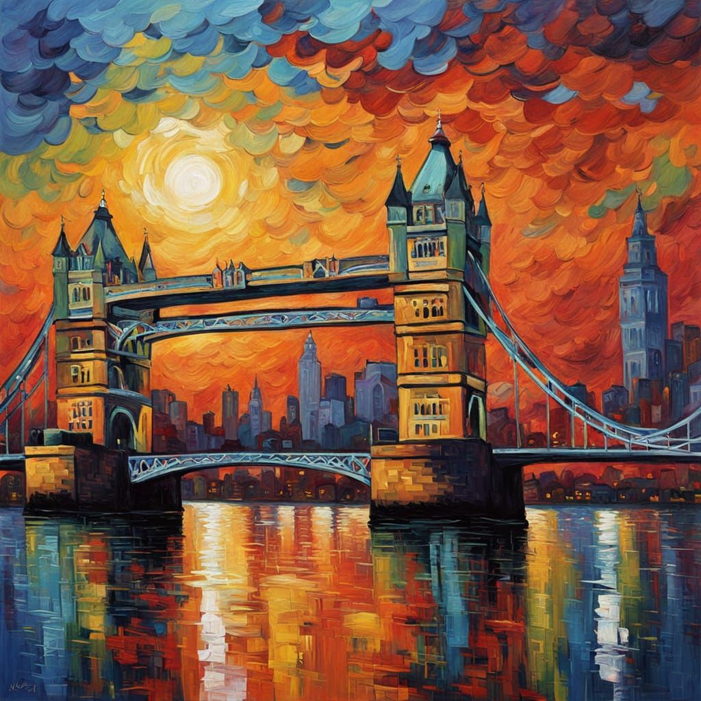 Neo-Impressionist Oil Painting of Tower Bridge at Sunset