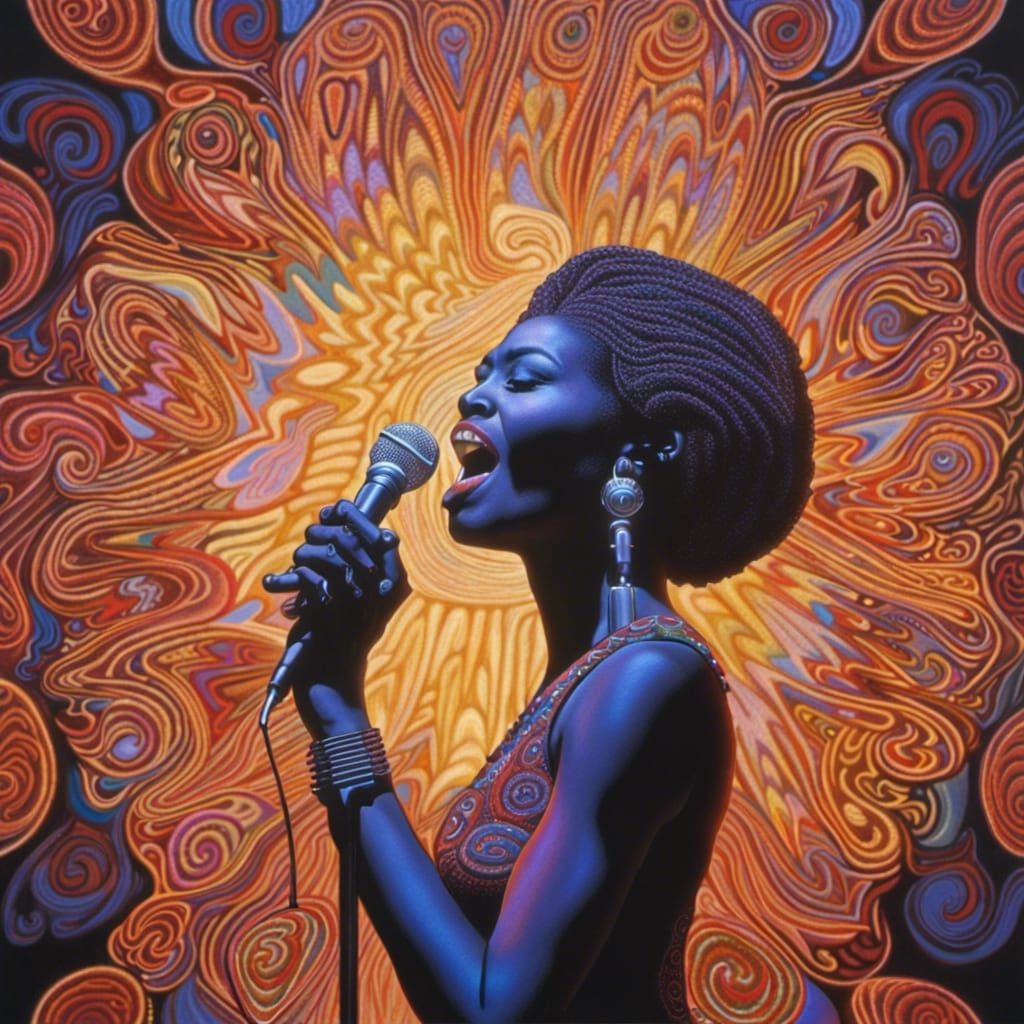 Ebony Singer on Stage in Psychedelic Alex Grey Style
