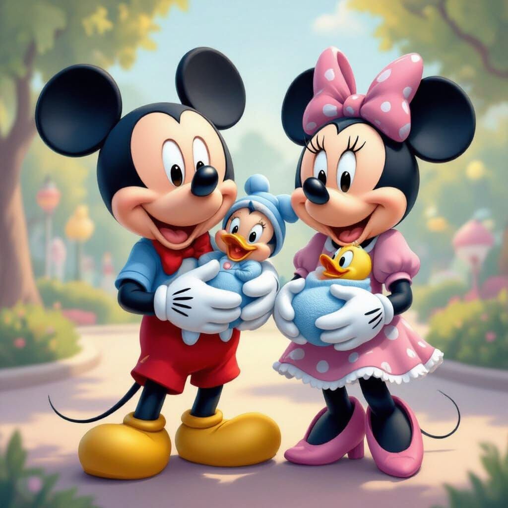 Mickey & Minnie Cradling Baby Goofy & Donald
