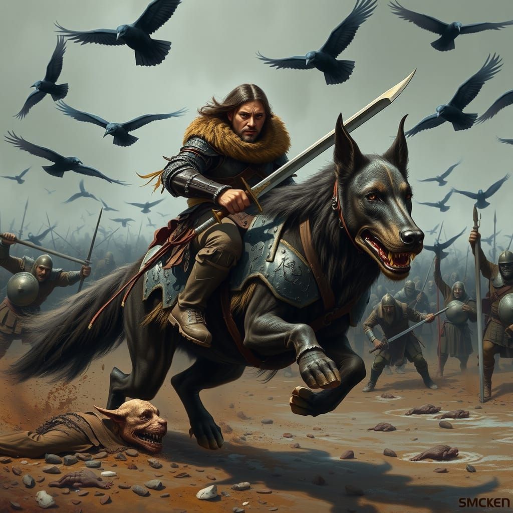Gritty Hobbit Warrior on Armoured Wolfhound in Battle