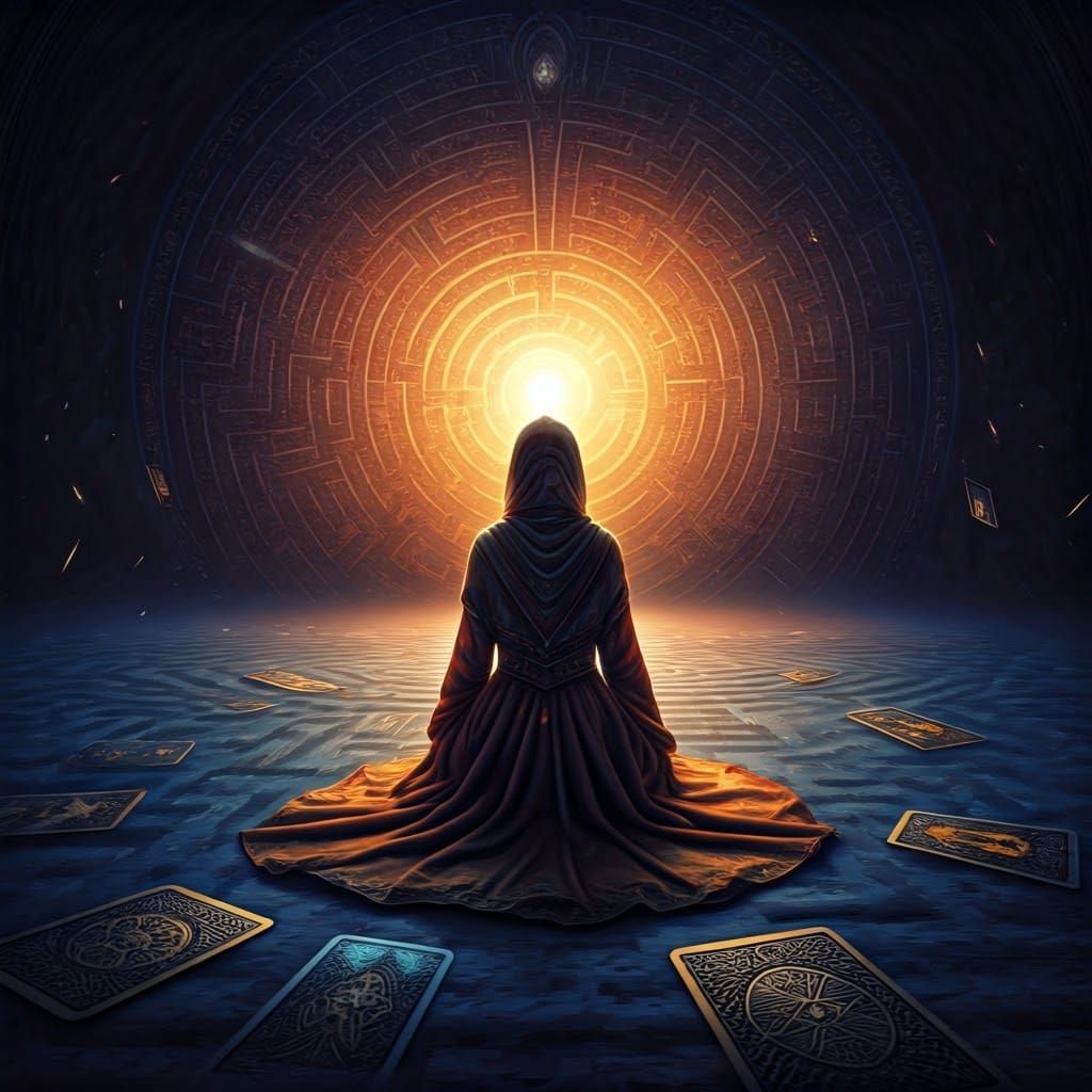 Mystical Woman Guided by Tarot in Fantasy Landscape