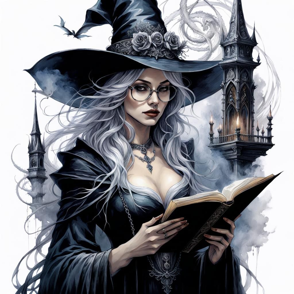 Academic Gothic Witch Reading in Ethereal Library