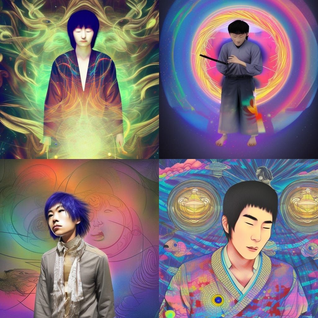 Japanese Man's Dream: Cosmic Illusion in Mixed Media