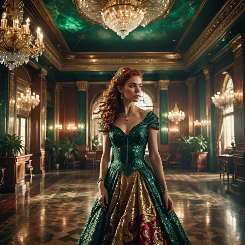 Woman in Opulent Ballroom, Hyper-Realistic Digital Portrait