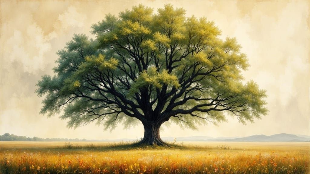 Oak Tree in Serene Field, Impressionistic Style