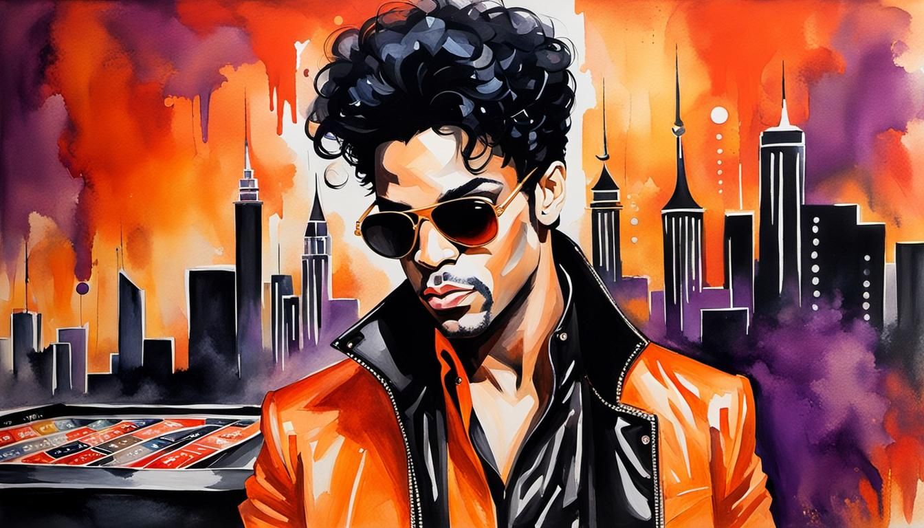 Prince Portrait in Watercolor Vegas Casino Scene