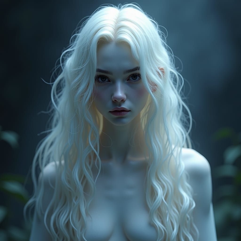 Ethereal Being with White Hair in Dreamlike Fantasy