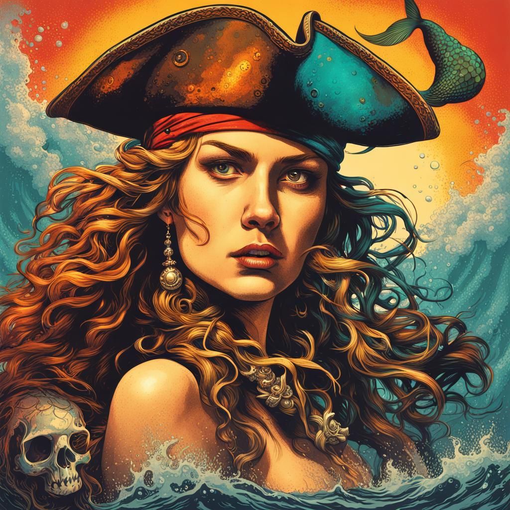 Pirate and Mermaid Vintage Screenprint Poster