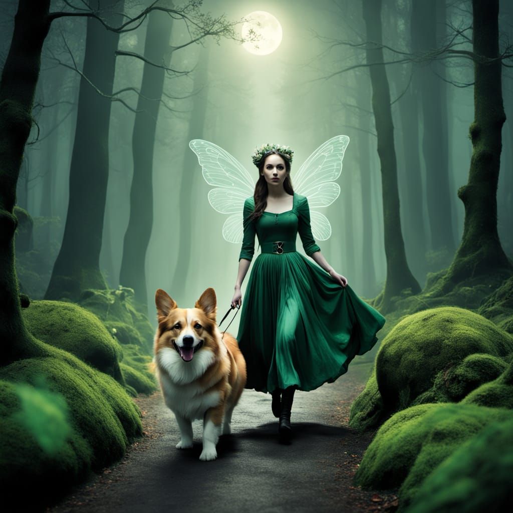 Fairy Riding Corgi in Enchanted Forest