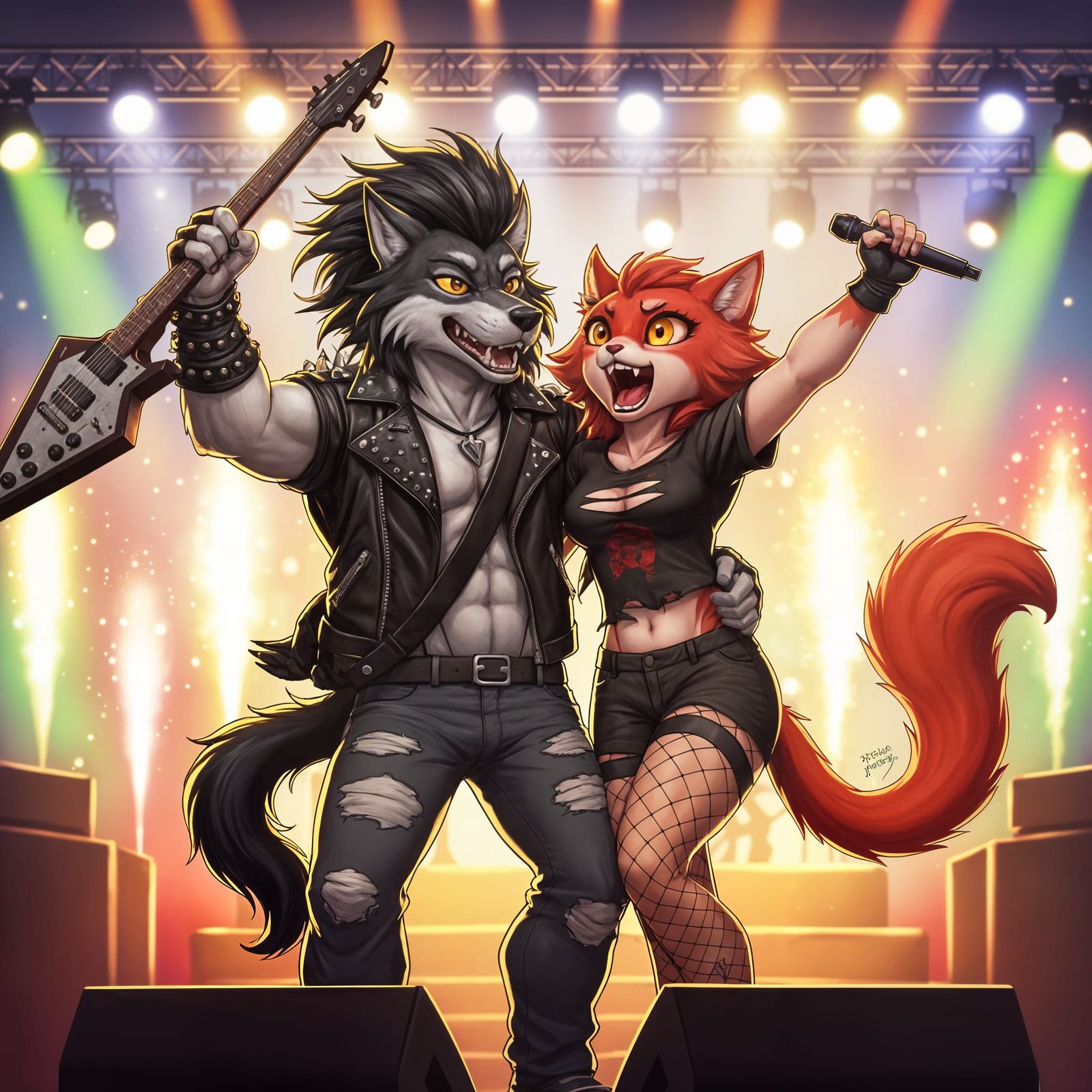 Cartoon Metalhead Couple Rocking the Stage