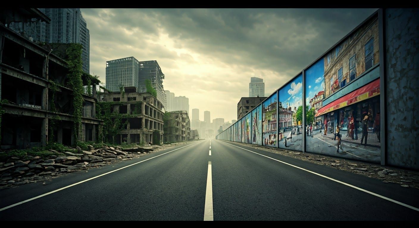 Dystopian Highway: Desolation Meets Vibrant Mural