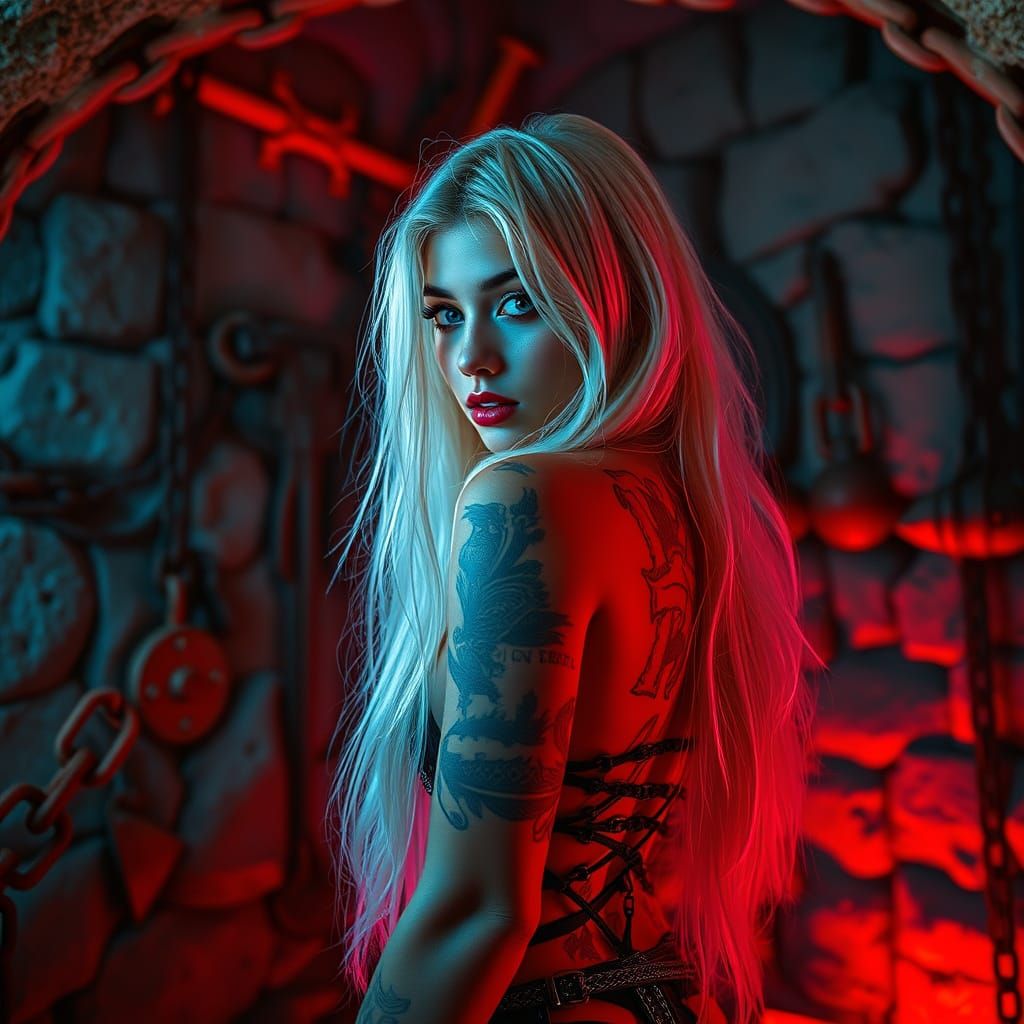 Mystical Mulatto Goddess in Neon-Lit Dungeon