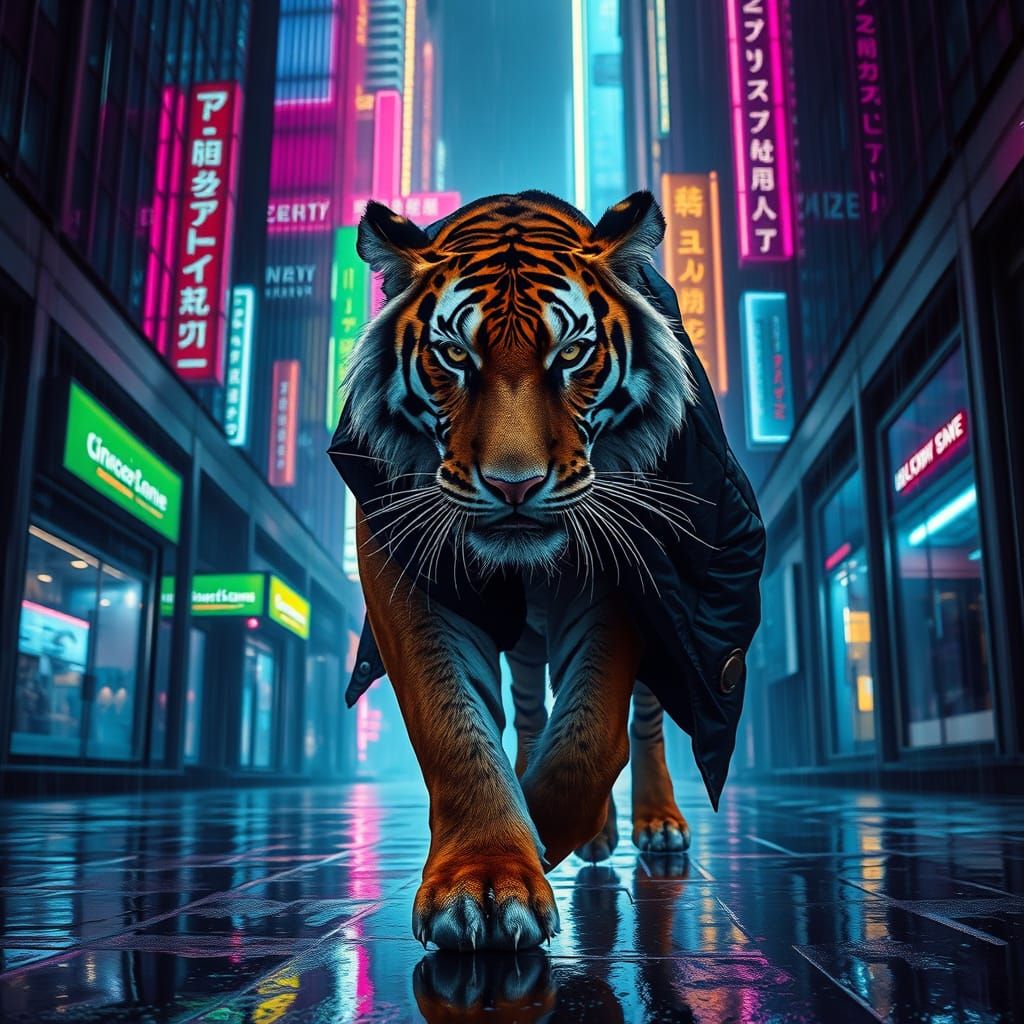 Cyberpunk Tiger Prowls Rainy City Alleyway