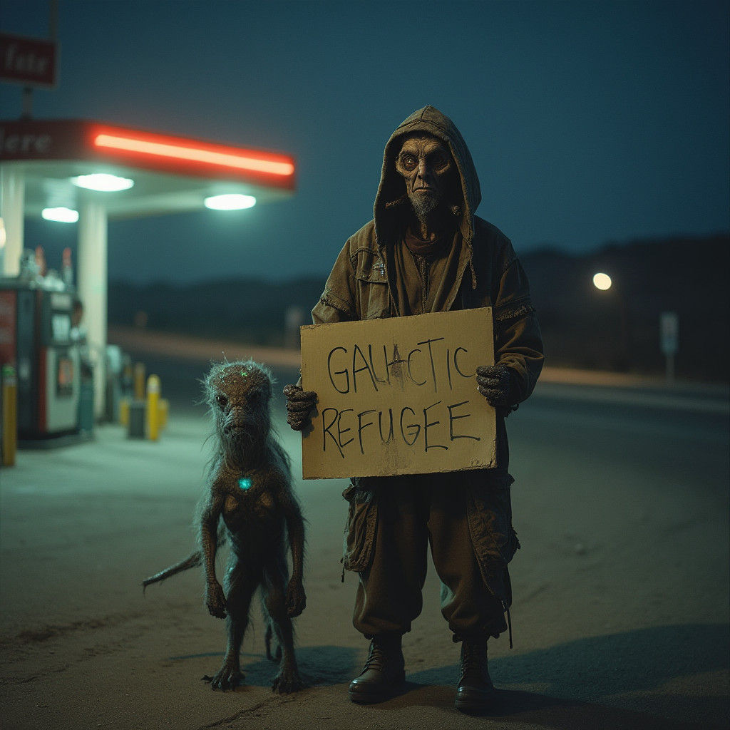Homeless Alien Begs at Gas Station in Cinematic Still
