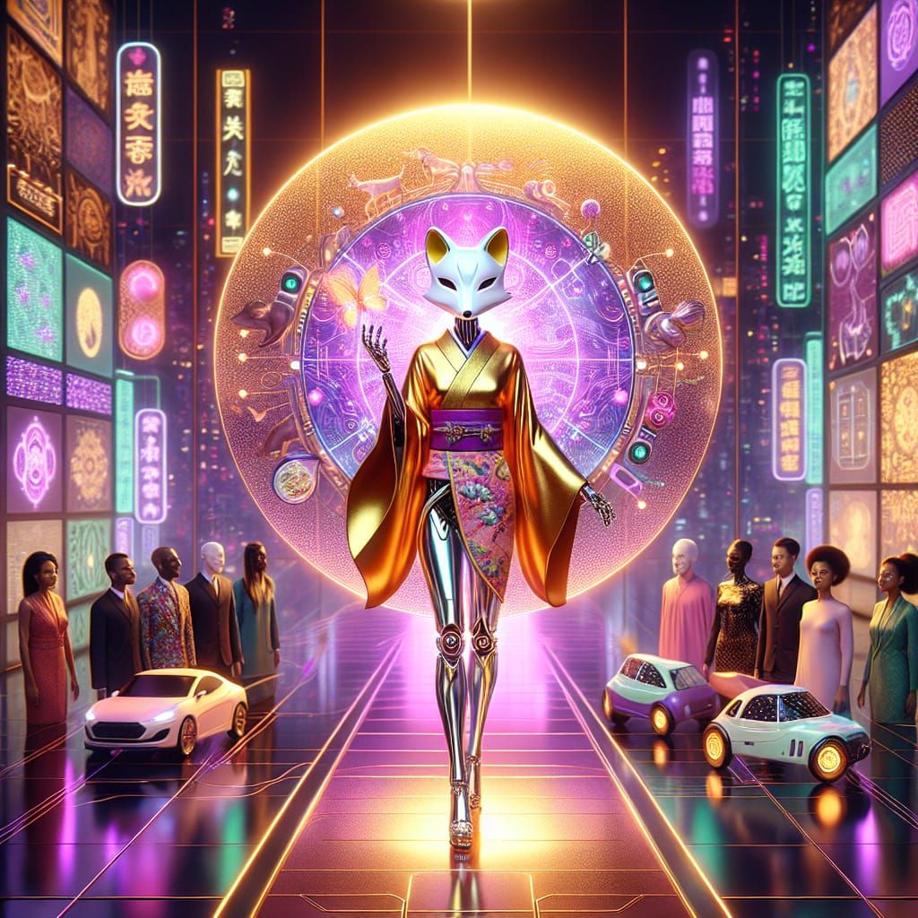 Artificial Kitsune Deity Beckons in Cyberpunk Temple