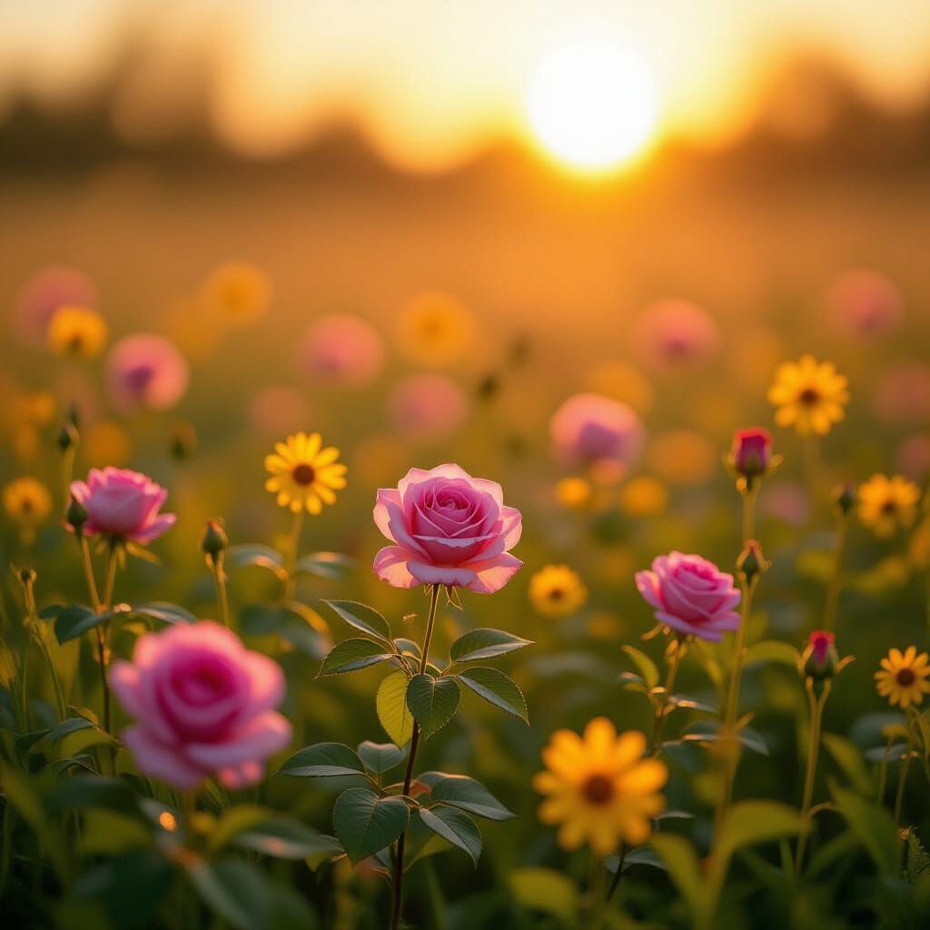 Golden Hour Wildflower Meadow with Pink Roses