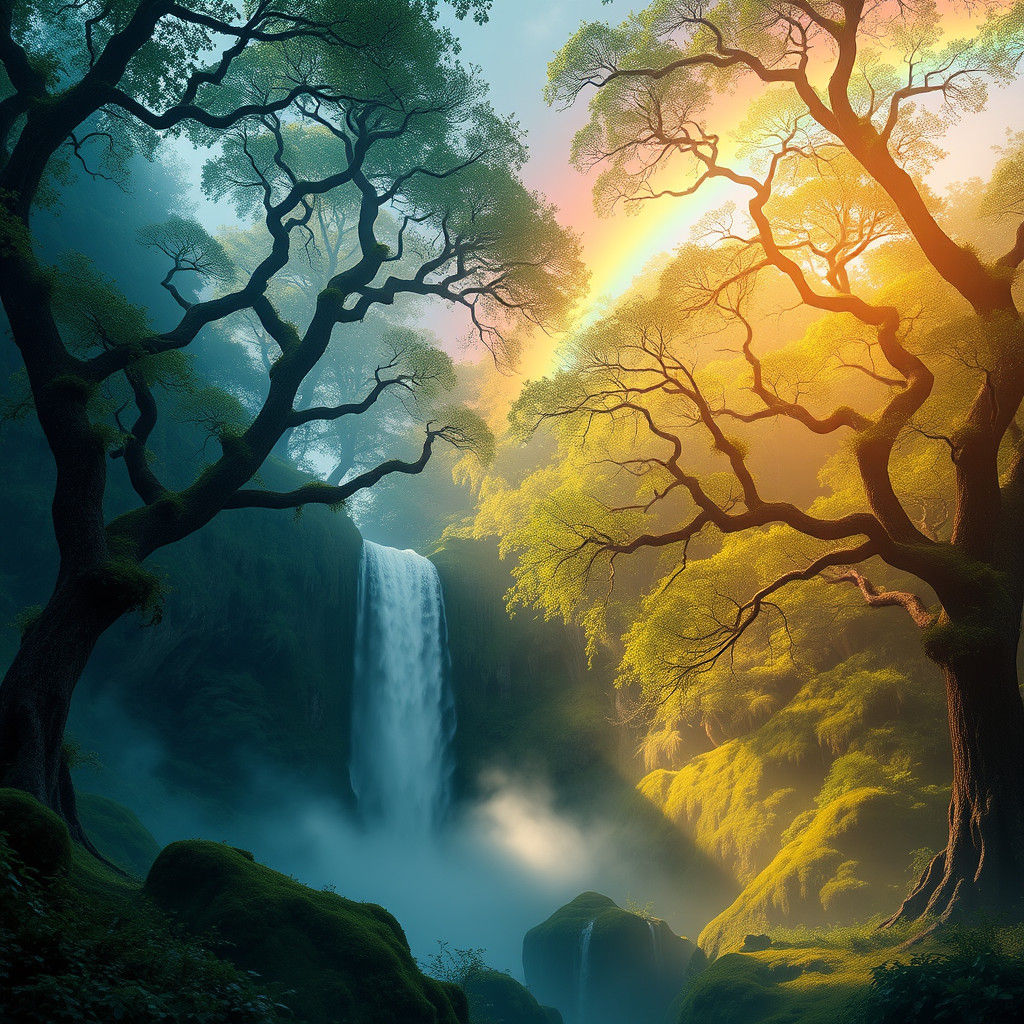 Misty Forest Glade with Double Rainbow, Fantasy Art