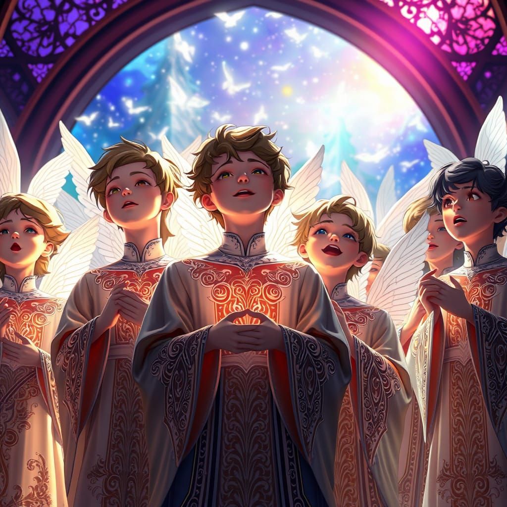 Youthful Choir of Angels in Vibrant Anime Style