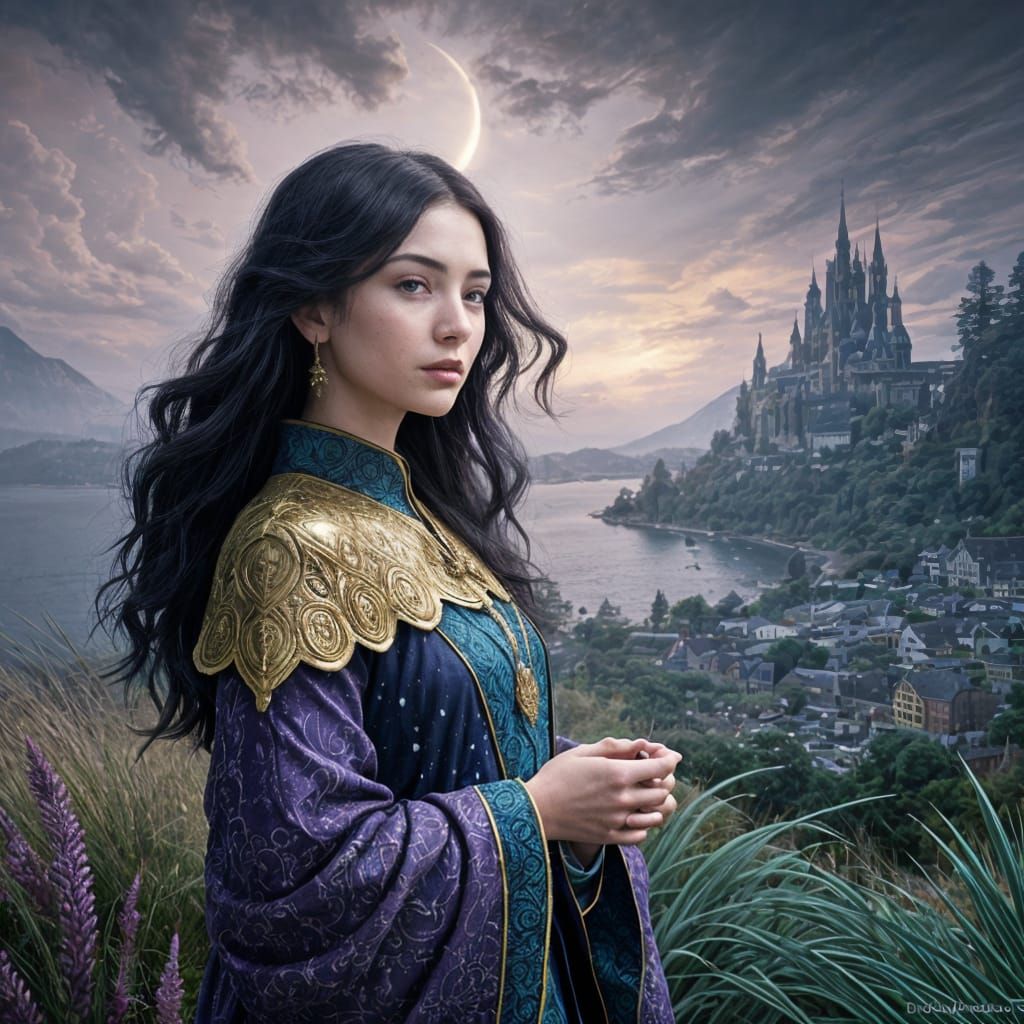 Woman in Stormy Landscape, Art Nouveau Mosaic