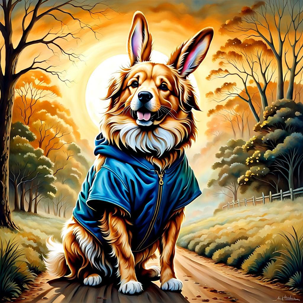Golden Retriever as Easter Rabbit in Tonalist Airbrush Art