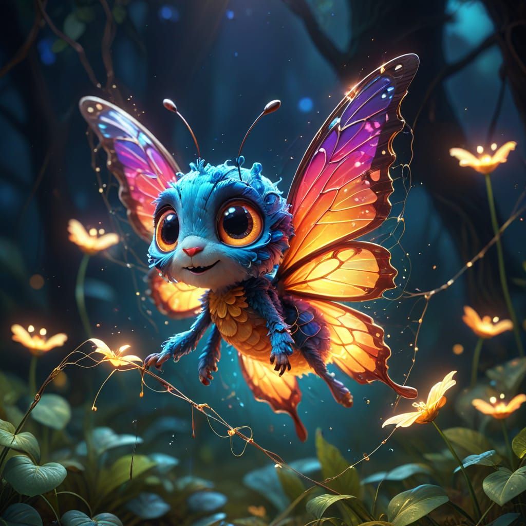 Cartoon Butterfly Escapes Net in Fairy Tale Style