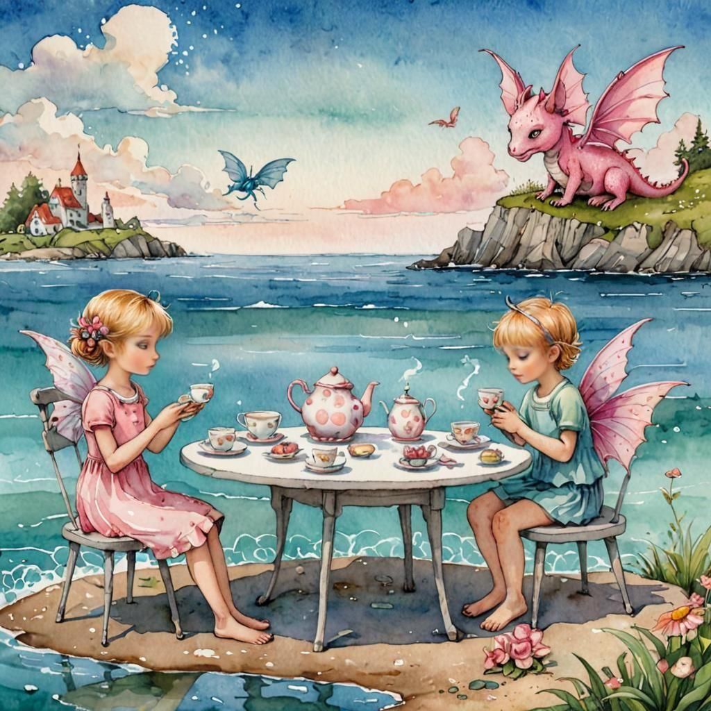 Fairy Children and Dragons Tea Party, Watercolor