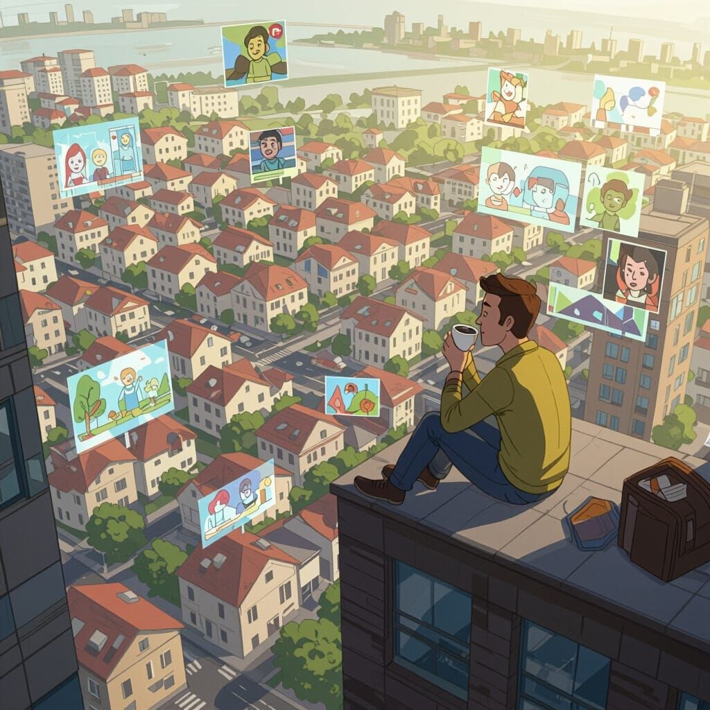 Animated Construction Worker Coffee Break Over Residential A...