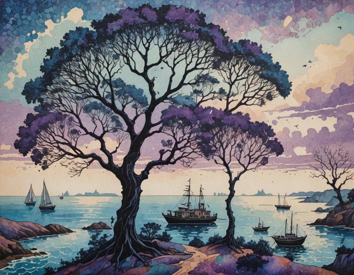 Dreamy Pointillist Seascape with Skyships