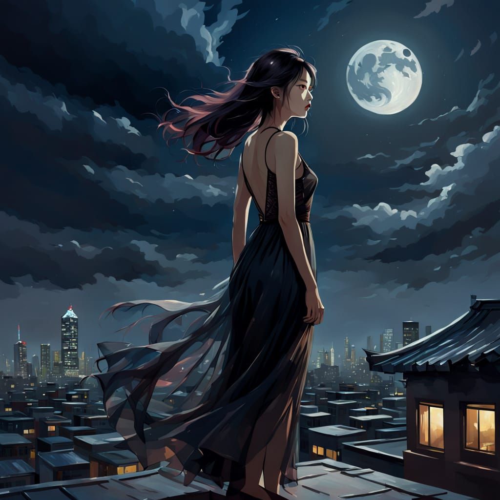 Silhouette of Woman in Flowing Dress on Rooftop at Night