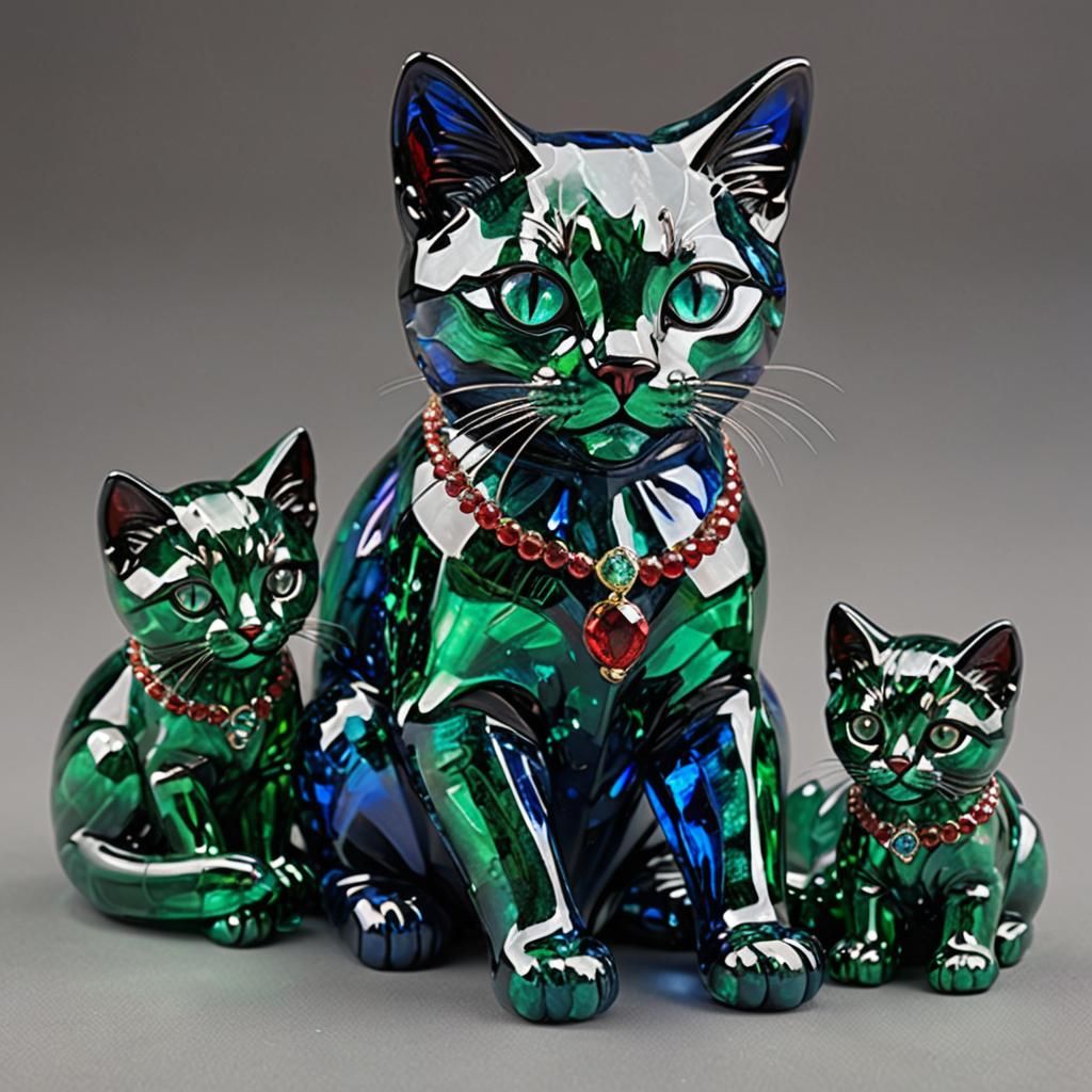 Glass Cat Feeding Jewel-Toned Kittens