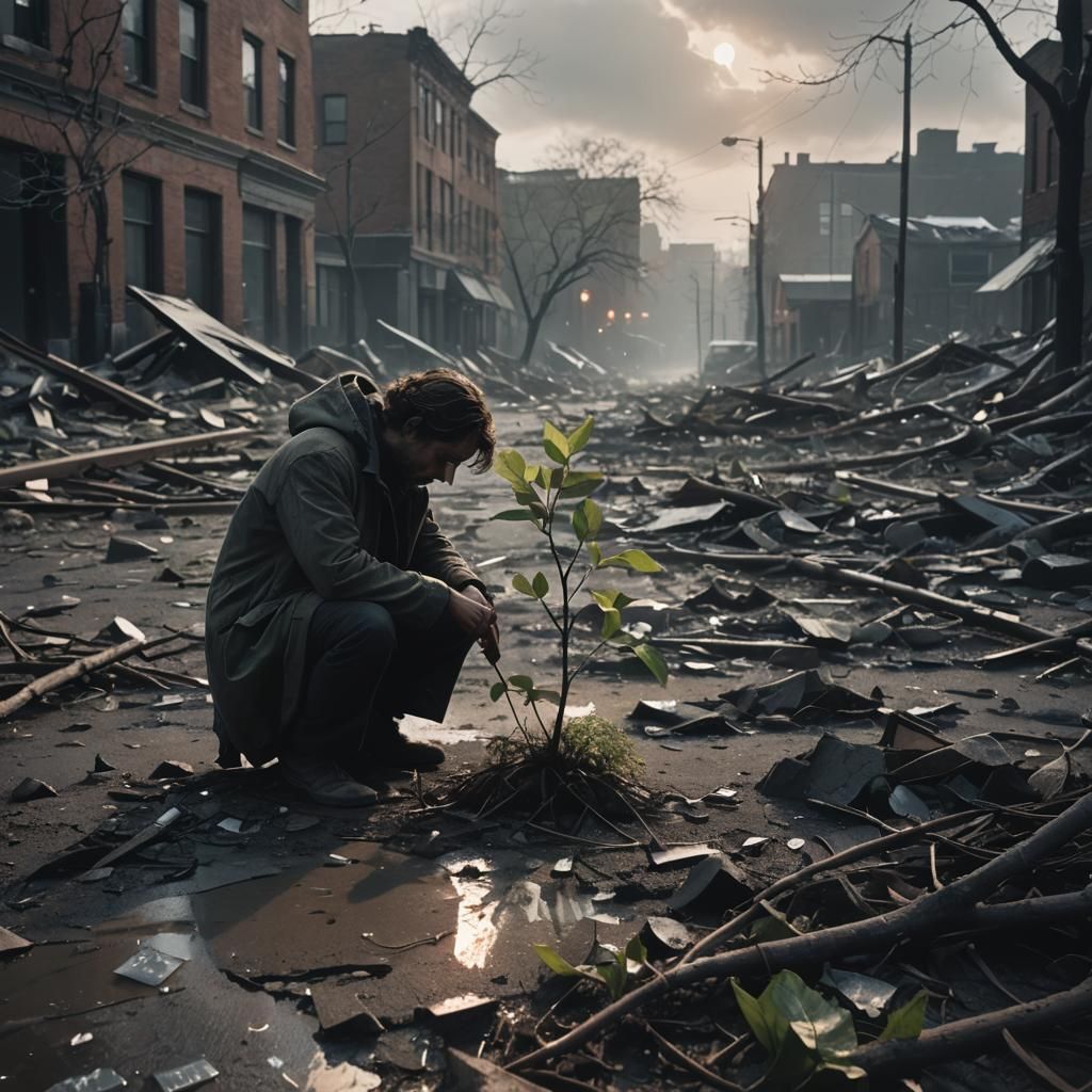 Hopeful Figure with Sapling in Ruined Cityscape