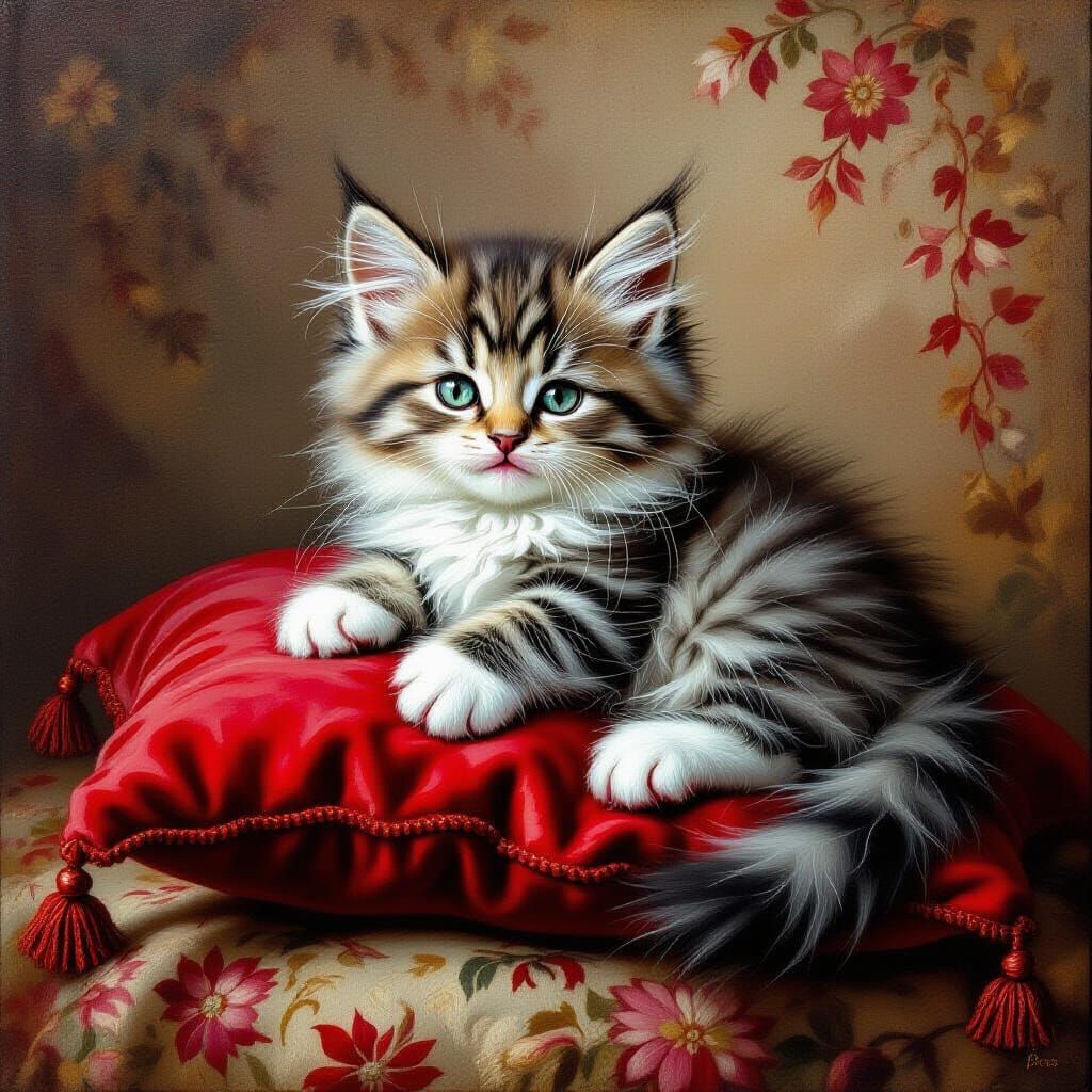 Kitten on Red Pillow in Classical Style