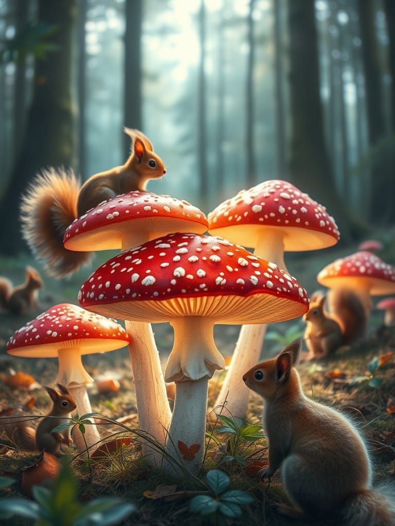 Dreamlike Forest Scene with Majestic Fly Agaric Mushrooms an...