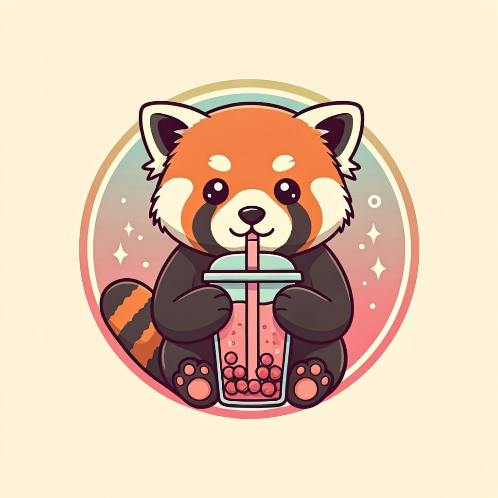 Kawaii Red Panda Logo with Bubble Tea