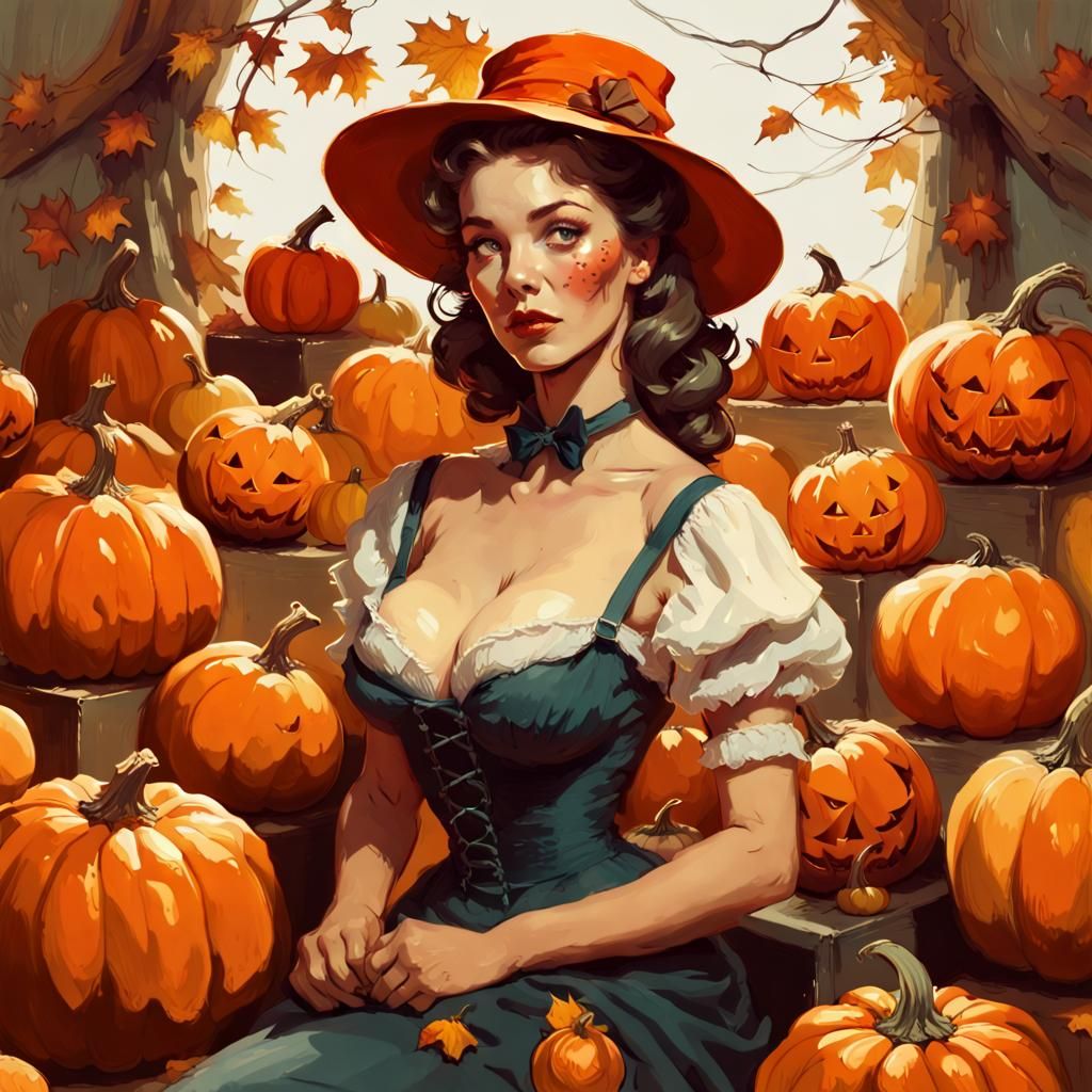 Portrait of Woman Surrounded by Pumpkins