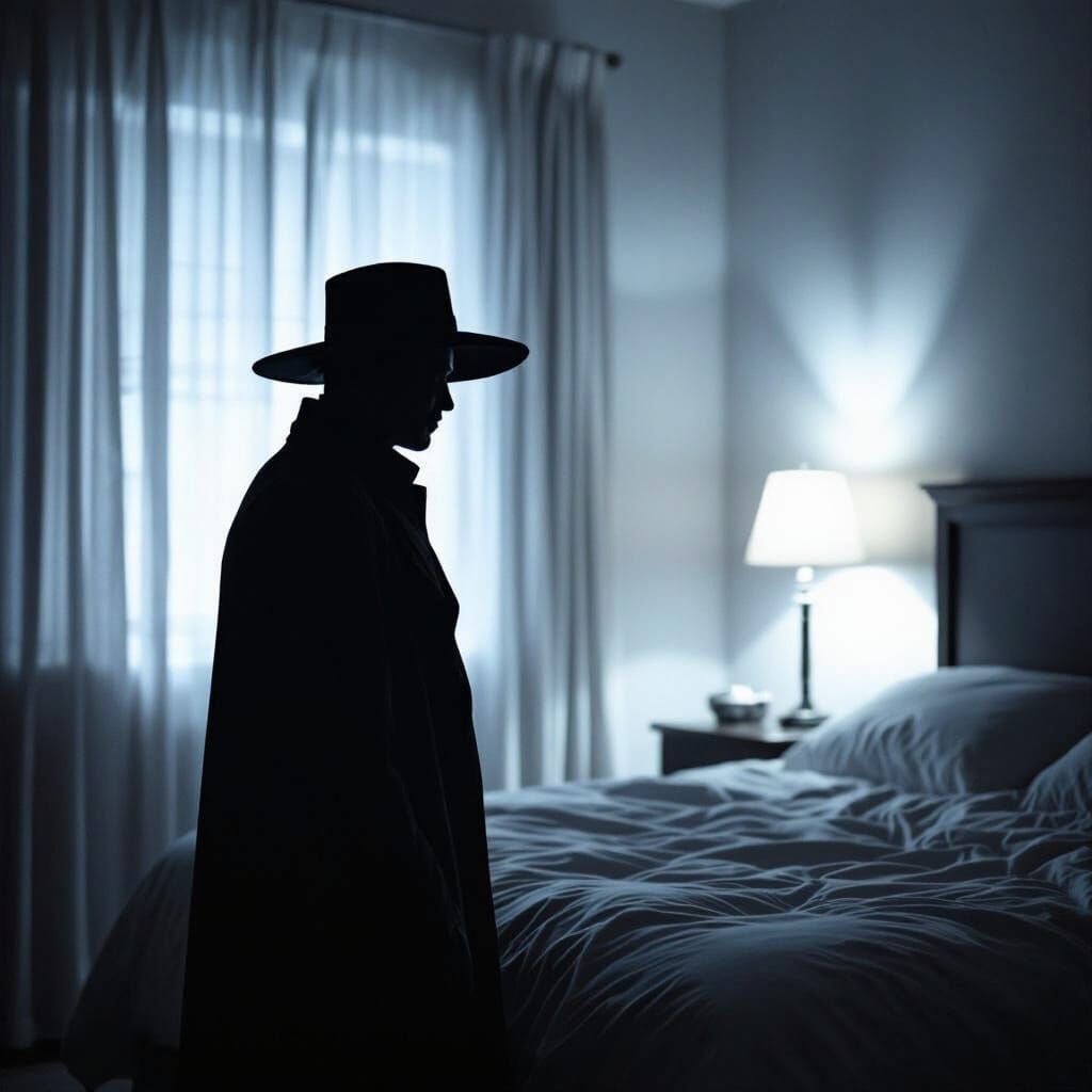 Mysterious Figure in Hat by Bedside Night