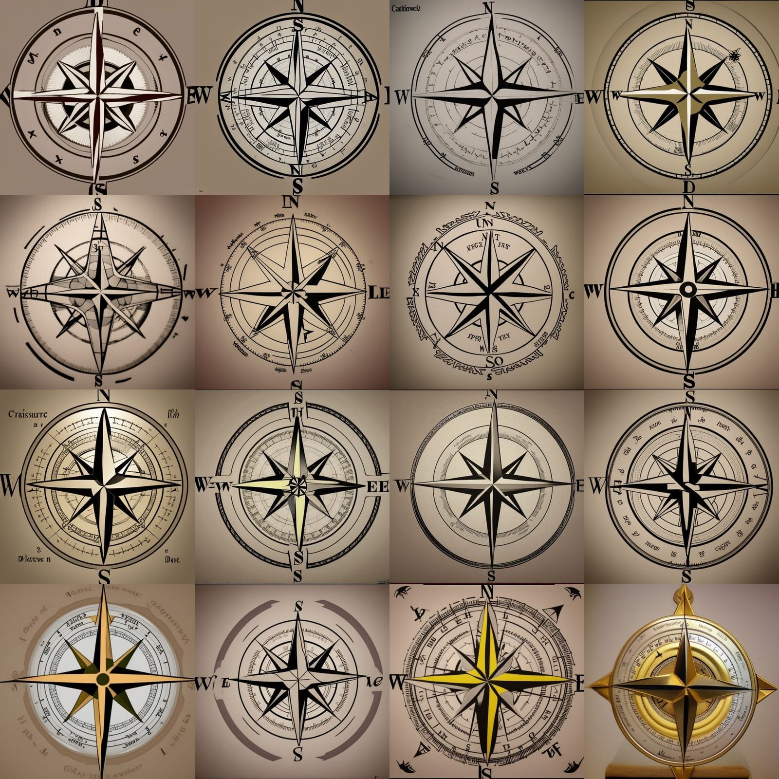 Compass Rose with Cardinal Directions in Art Nouveau