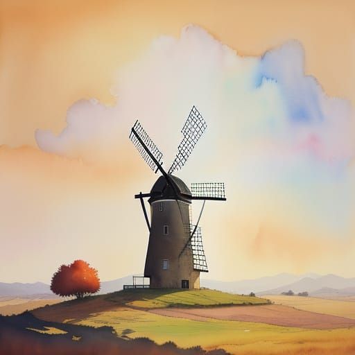 Vibrant Watercolour Windmill at Sunset