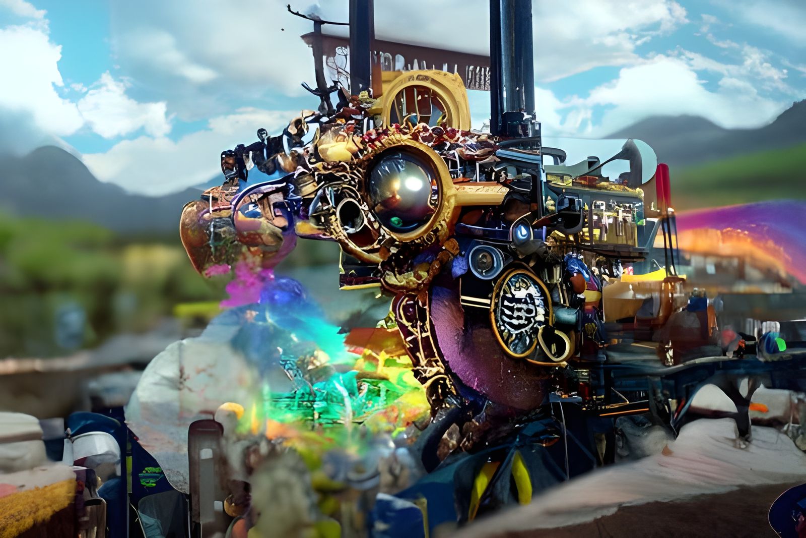 Solarpunk Chaos Machine with Rainbow Skulls