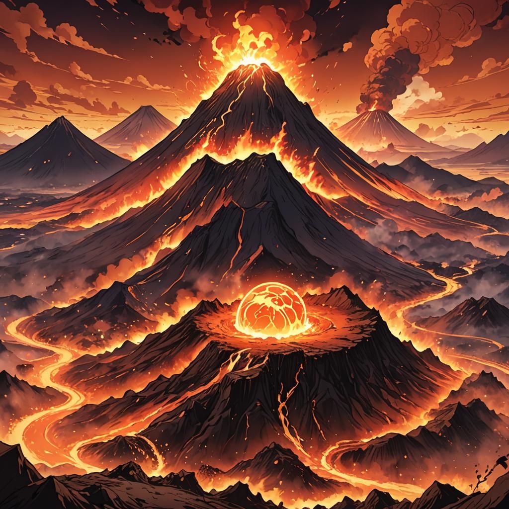 Volcanic Fireball in Vibrant Anime Style
