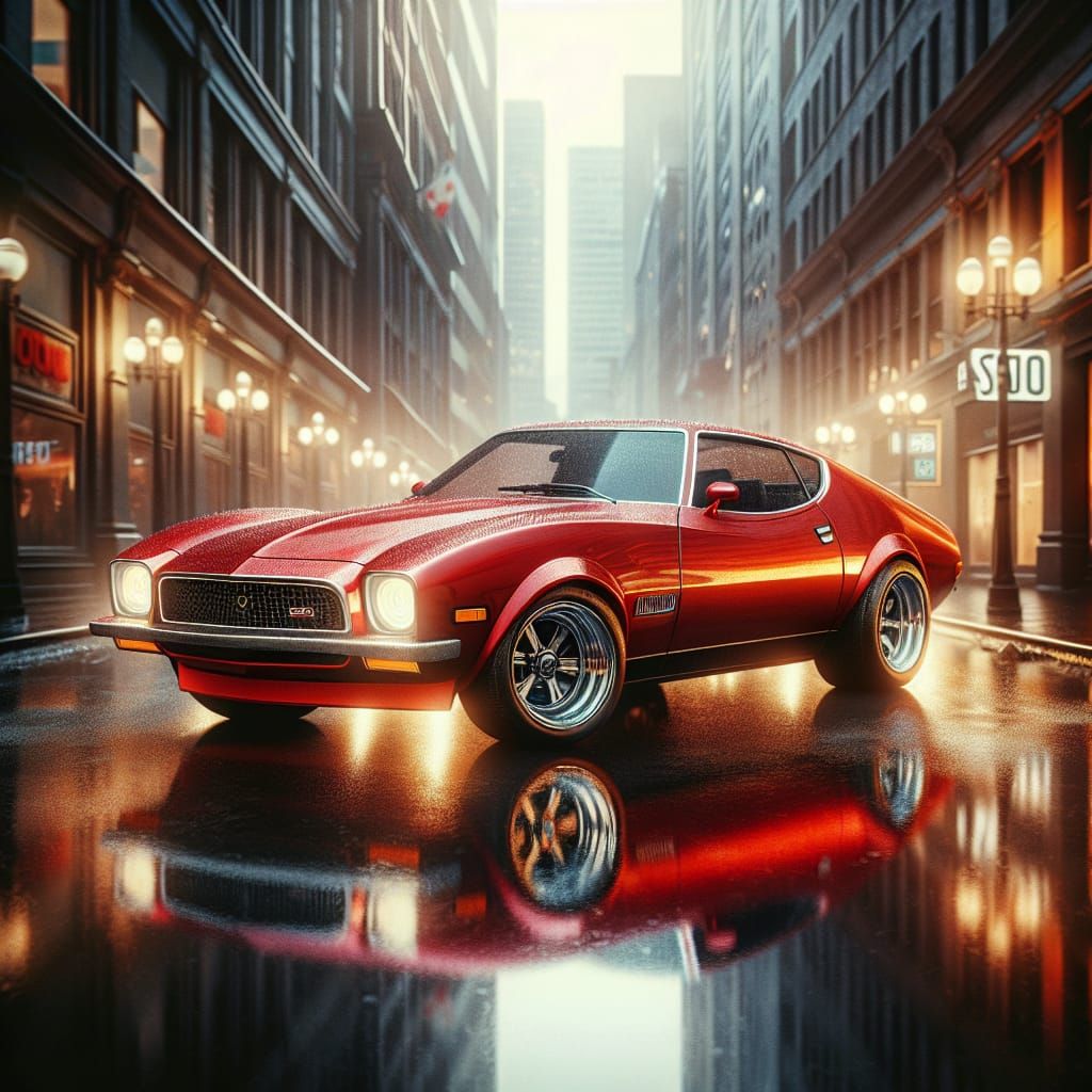 Red 1973 Avanti on Wet City Street