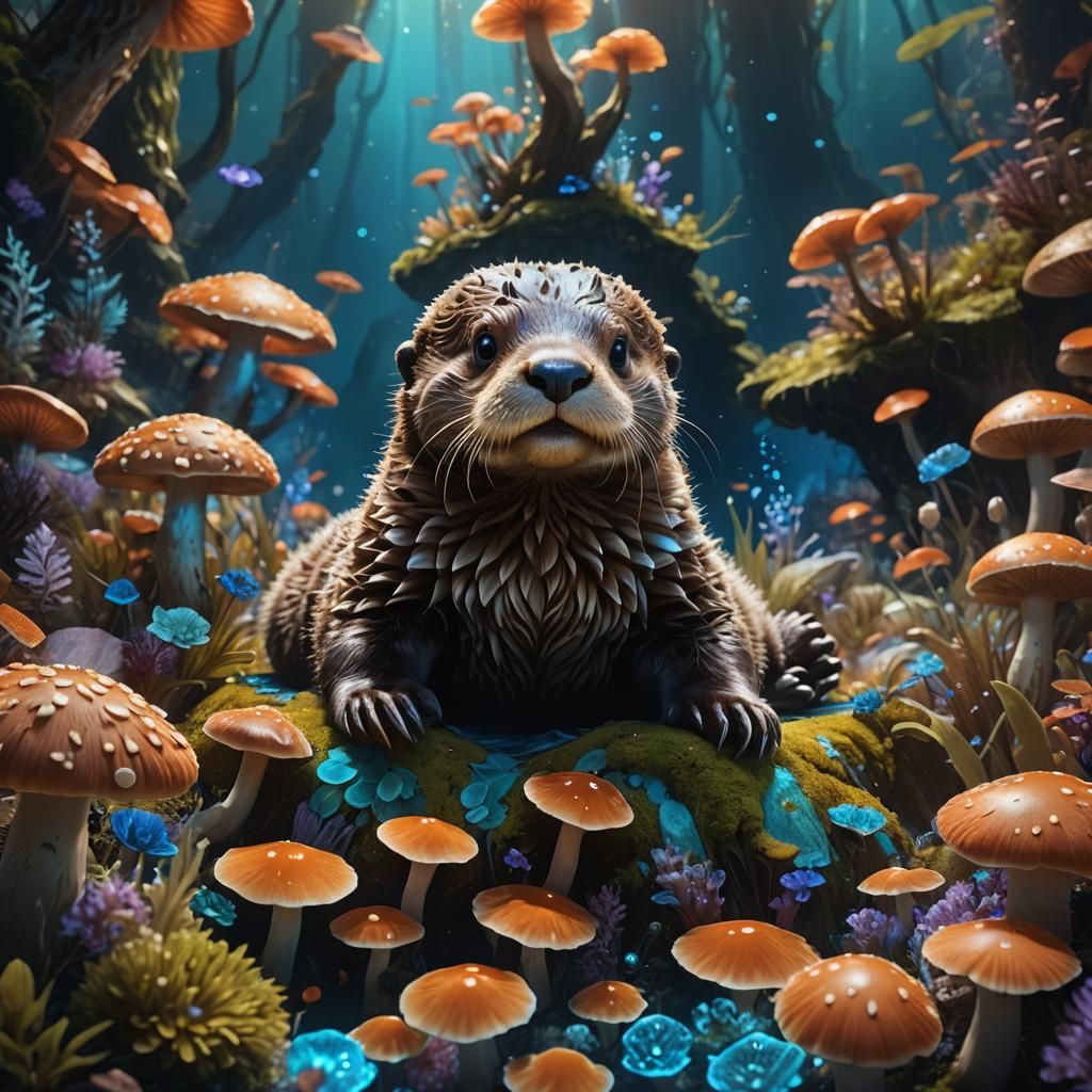 Enchanting Baby Otter in Bioluminescent Forest